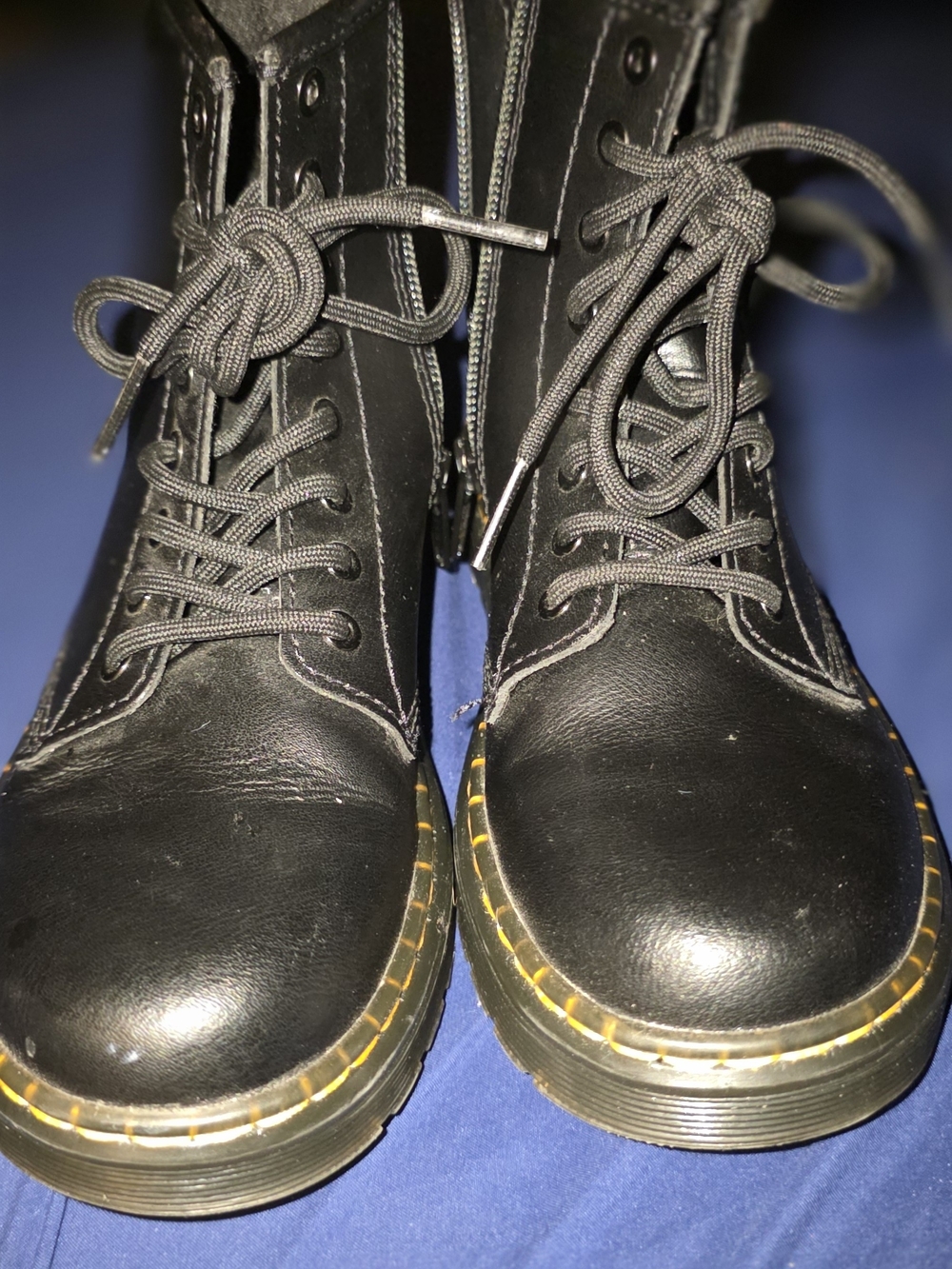 Dr. Martens Kids Black Leather Lace-Up Boots with Yellow Stitching